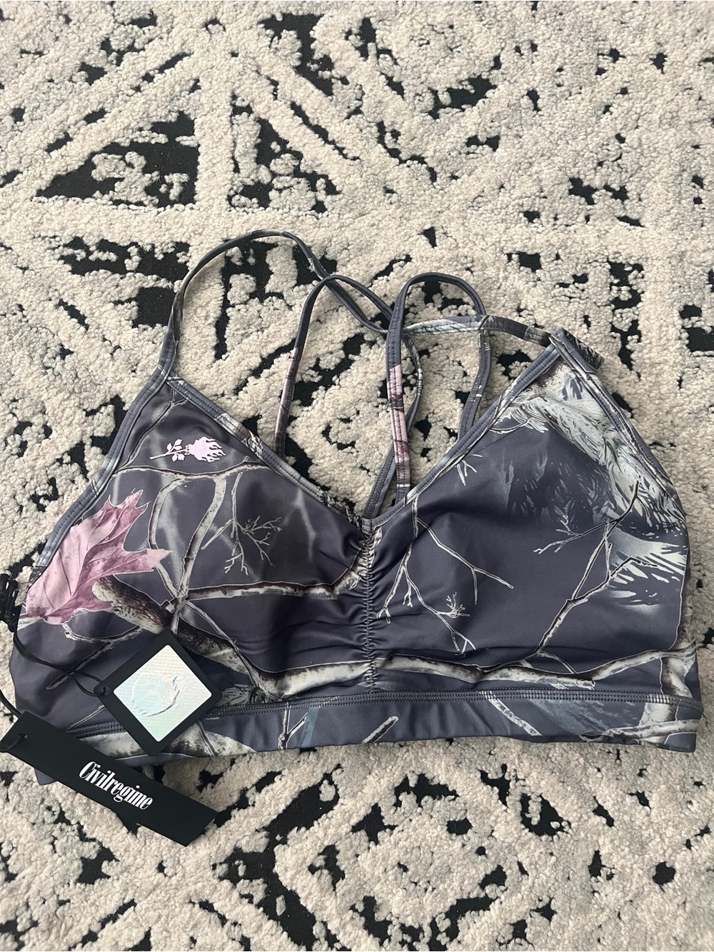 Civil Regume Women's Gray Camo-Print sports bra with Pink Accents